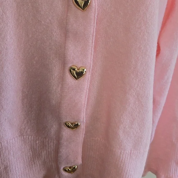 Crown & Ivy Pink Cardigan Gold Heart Buttons Coquette Feminine Balletcore Large - Picture 3 of 9